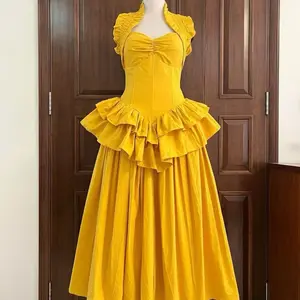 Shelly Dress - Yellow Ruffled Midi Dress with Puffed Sleeves and Corseted Bust