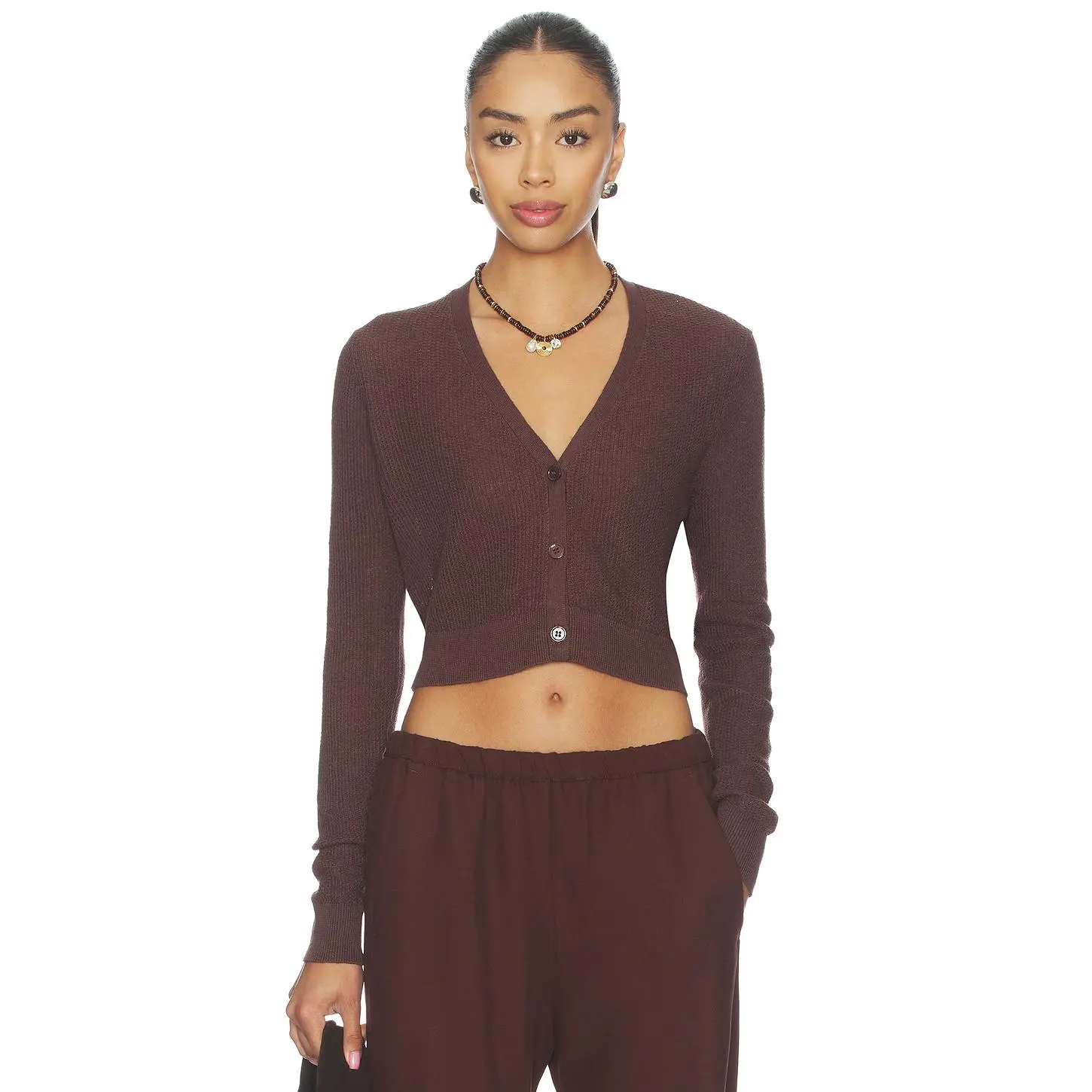 Enza Costa Linen Open Knit Cropped V-neck Cardigan in Chocolate