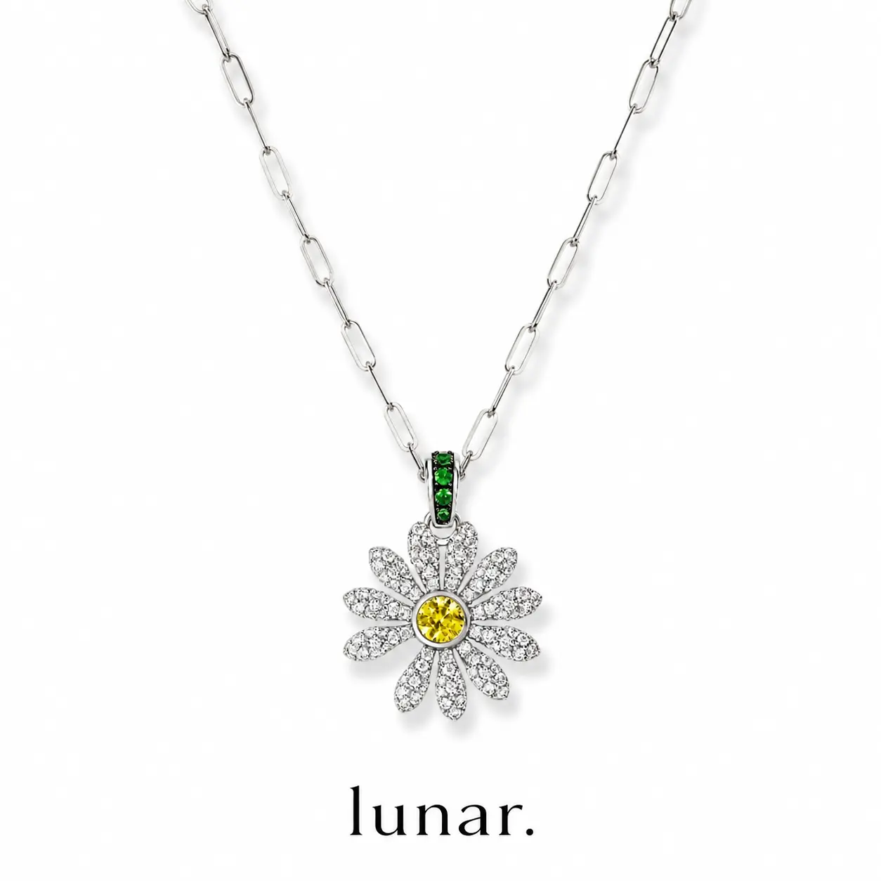 Lunar Daisy Flower CZ Pendant Necklace for Women, Silver Tone Paperclip Chain with Yellow Center Stone, Full Zirconia Jewelry 16-18 in