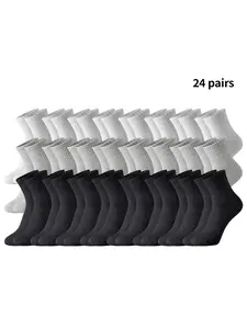 Unisex solid mid - calf socks. 6/12/24 - pair packs. Breathable, sweat - absorb, anti - odor. High - elastic, soft, comfy. Wear - resistant, non - pilling. All - season, for daily, sports, work & casual. Great Valentine's & Easter gifts.