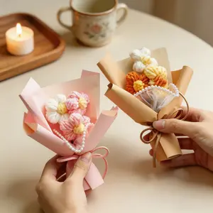 1pc Handmade Knitted Mini Bouquet, Everlasting Puff Flower, Graduation Bridesmaid Gift, Valentine's Day Friend Gift, Desktop Decorative Ornament