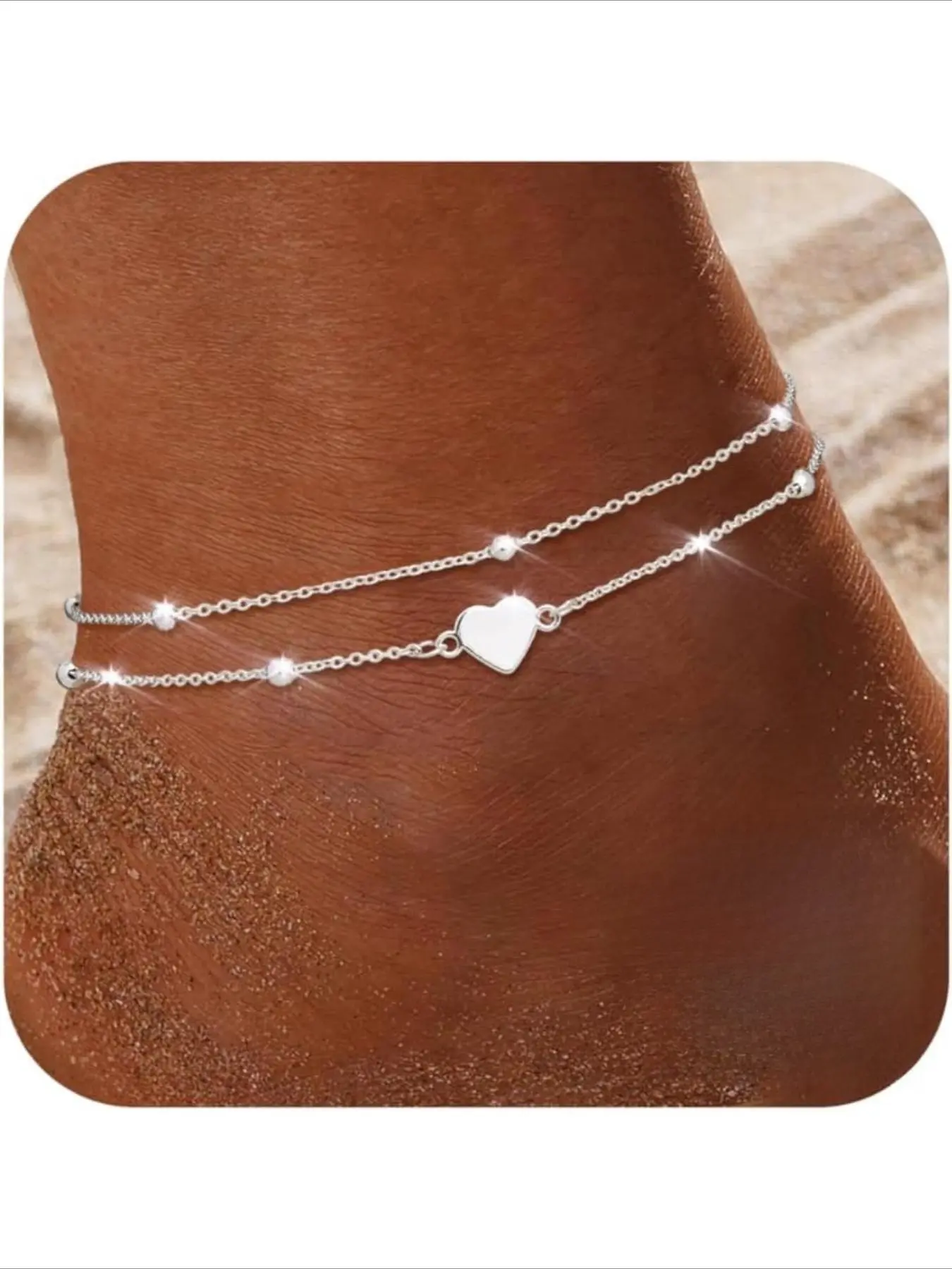 925 Sterling Silver Anklet Bracelet for Women Dainty Layered Waterproof Adjustable Silver Anklet Beaded CZ Cubic Zirconia Heart Charm Anklet Foot Jewelry Ankle Bracelets Waterproof Stackable Anklet