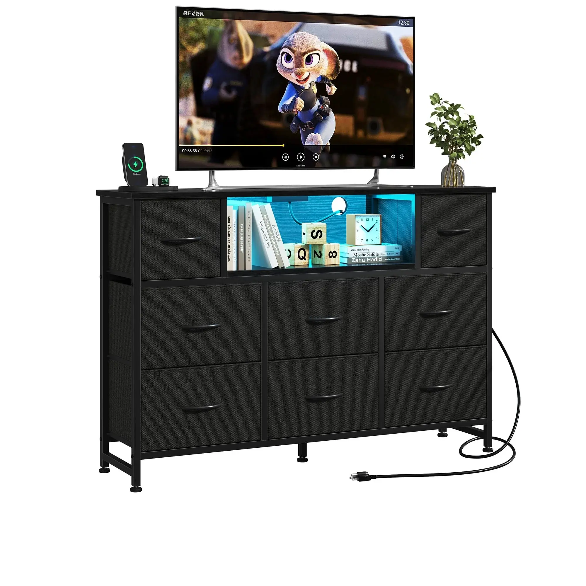 Indoor Furniture Combo: 8-Fabric-Drawer Storage Cabinet with Electrical Socket, LED TV Cabinet with USB Ports and Type-C Interfaces