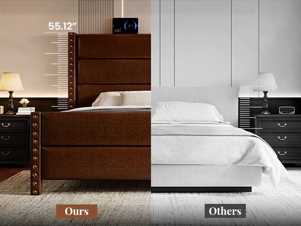 [Summervibes]Modern Brown/Black Leather Bed Frame with USB Charging, Tall Upholstered Headboard, No Noise, Easy Assembly – Bedroom Upgrade Must-Have