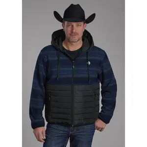 Mens Blue Gray Print Fleece Nylon Combo Zipper Jacket