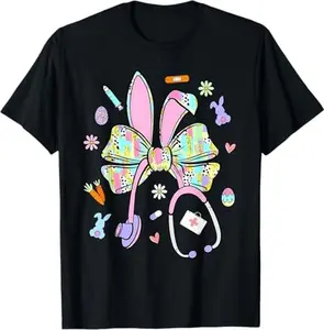 Nurse Stethoscope Funny Bunny Rabbit Easter Coquette Bow T-Shirt