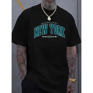 Trendy Urban Style Men's Casual Short Sleeve T-Shirt | Bold "New York" Graphic Print - White & Teal Lettering, Regular Fit, All-Season Comfort, Versatile Casual Attire, Comfortable Fit Shirt