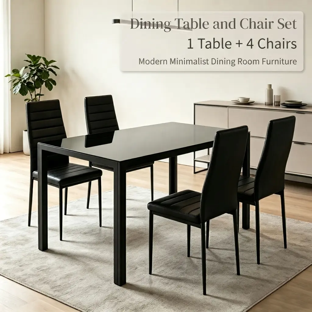 Modern Minimalist 5-Piece Glass Dining Table Set with 4 PU Leather Chairs, Tempered Glass Top & Sturdy Metal Frame, Space-Saving for Apartment, Kitchen, or Small Dining Room, Black