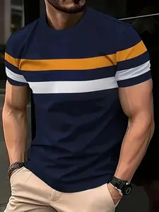Men'S Navy Blue & Yellow Horizontal Stripe T-Shirt - Breathable Polyester Regular Fit Tee for Casual, Gym, Concerts - Machine Washable Summer Shirt for Everyday & Special Occasions, Concert Attire, Artistic Print Top, Comfortable Fit,
