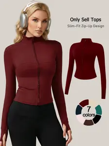 women zip up jacket casual long sleeve daily trendy versatile comfy loungewear Tops solid skin friendly pajamas stand collar high stretch tight shaping yoga wear all season outdoor thumb hole activewear