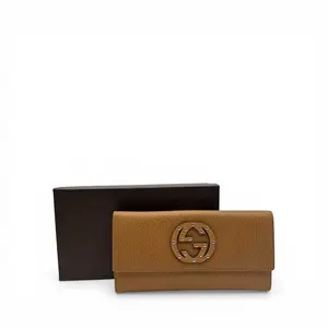 Pre-owned GUCCI PEBBLED LEATHER Small Leather Goods BROWN CALFSKIN LONG WALLET