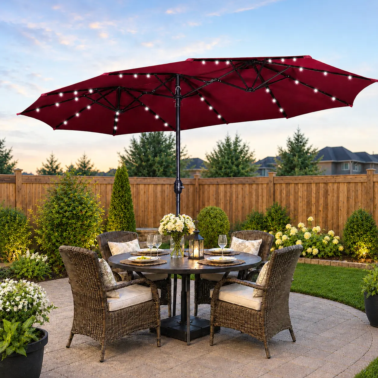 【All Burgundy】Yaheetech 15FT Massive Outdoor Patio Umbrella with 36 Solar Lights, Heavy-Duty Iron Pole, Hand Crank, Base & Sandbags for Backyard Garden Deck Poolside