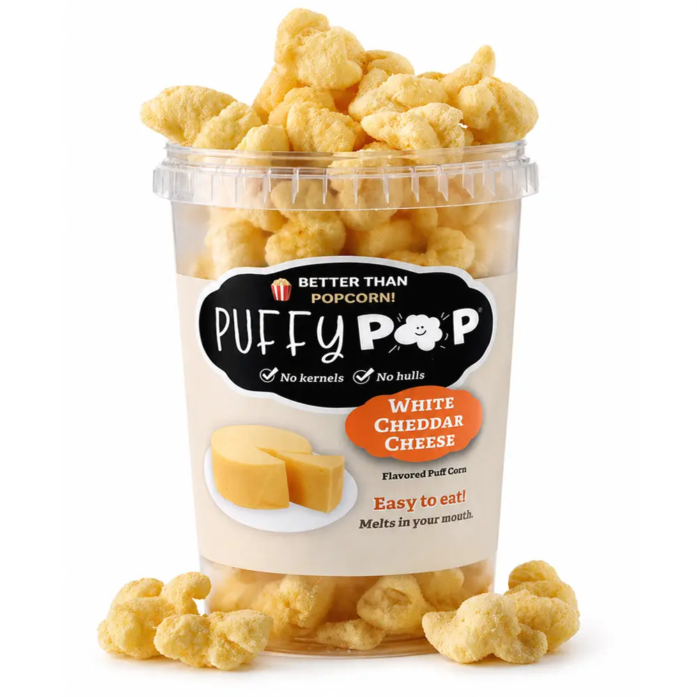 White Cheddar (GF) Puffy Pop Popcorn Puffs - No Kernels, No Hulls - Easy to Eat Snack