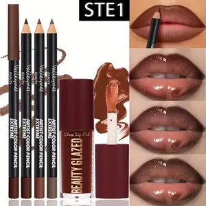 STE1 4pcs Dark Brown Lip Kit Lip Liner & Lip Glaze Waterproof Long Lasting Matte Effect for Casual & Formal Occasions