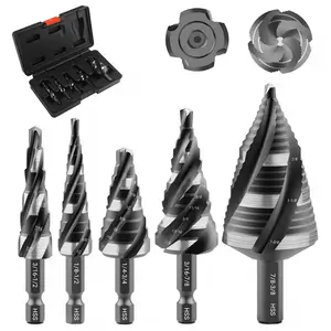 Step Drill Bits, Four Spiral Flute 5PCS HSS Titanium Step Drill Bit Set for Stainless Steel,Metal,Aluminum,Wood,Plastic