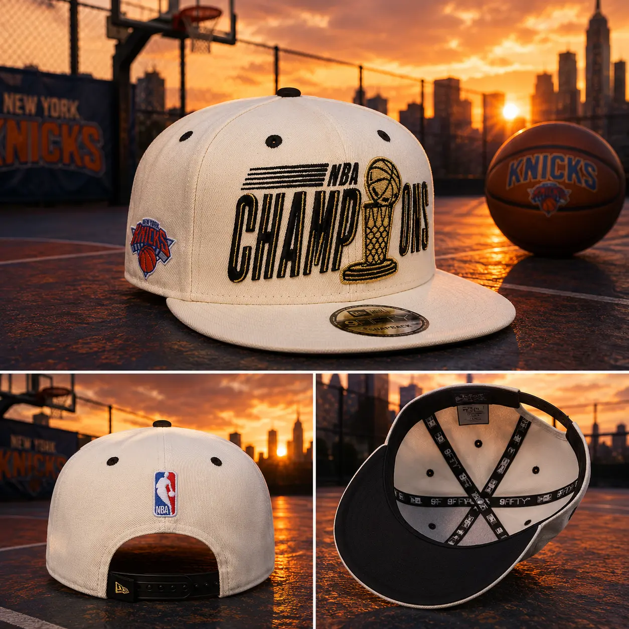 New York Knicks NBA Champions Cap New Era 9FIFTY Snapback Hat White Black Flat Brim