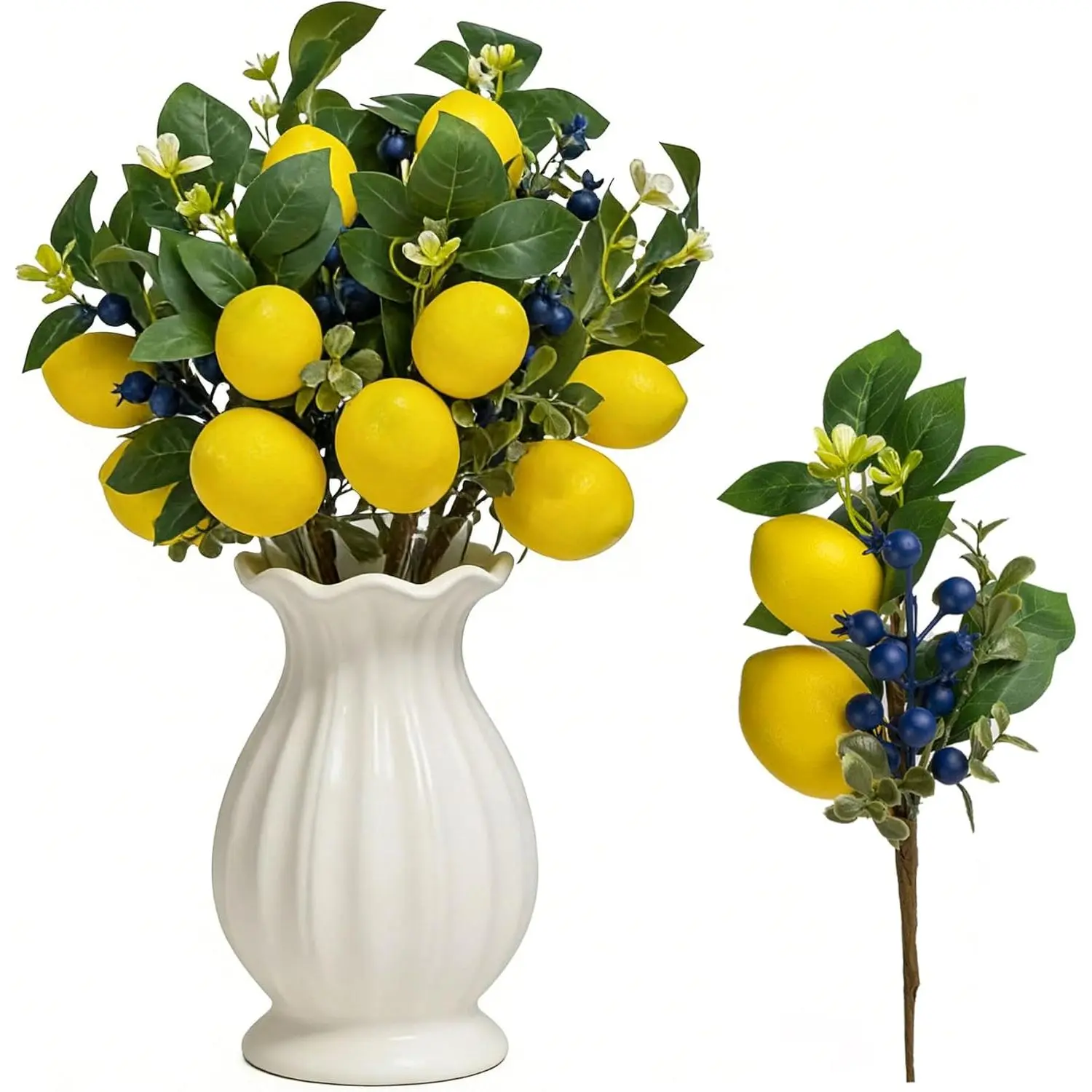 13 Inch Artificial Lemon Branches (6 Pack), Lifelike Faux Fruit Lemon Blueberry Stems for Home Decor Wedding Flower Arrangements Holiday Decorations