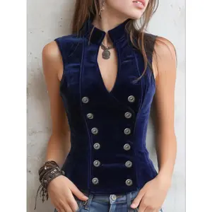 2026 Women'S American Fashion Stand Collar Button Vest, Sleeveless Short Plain Design, Casual Summer Wear, Perfect For Daily