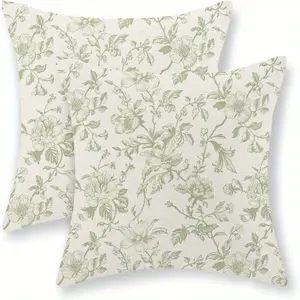 2pcs Sage Green Floral Pillowcase Set, 45.72x45.72 cm, 2 Light Green Chinese Style Floral Decorative Throw Pillows, Vintage Country Towel Floral Pillow Covers, Outdoor Decorative Sofa Cushion Covers, Single-Sided Print, Square Seat Cushion