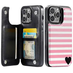 Minimalist Pink and White Striped and Black Heart Pattern Leather Card Holder Phone Case, Suitable for iPhone 17 Air/16 Plus/15 Pro Max/14 Pro/13/12/11/XS Max/X Phone Case, Gift for Family, Friends, Lovers, Boyfriend, Girlfriend for New Year and Christmas