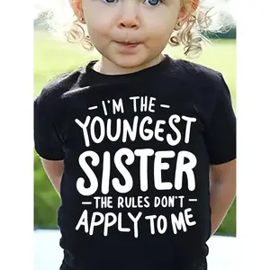Girls "IM THE YOUNGEST SISTER THE RULES DON'T APPLY TO ME"Print 100% cotton Short Sleeve T-shirt, Comfy Casual Tees For Girls Summer