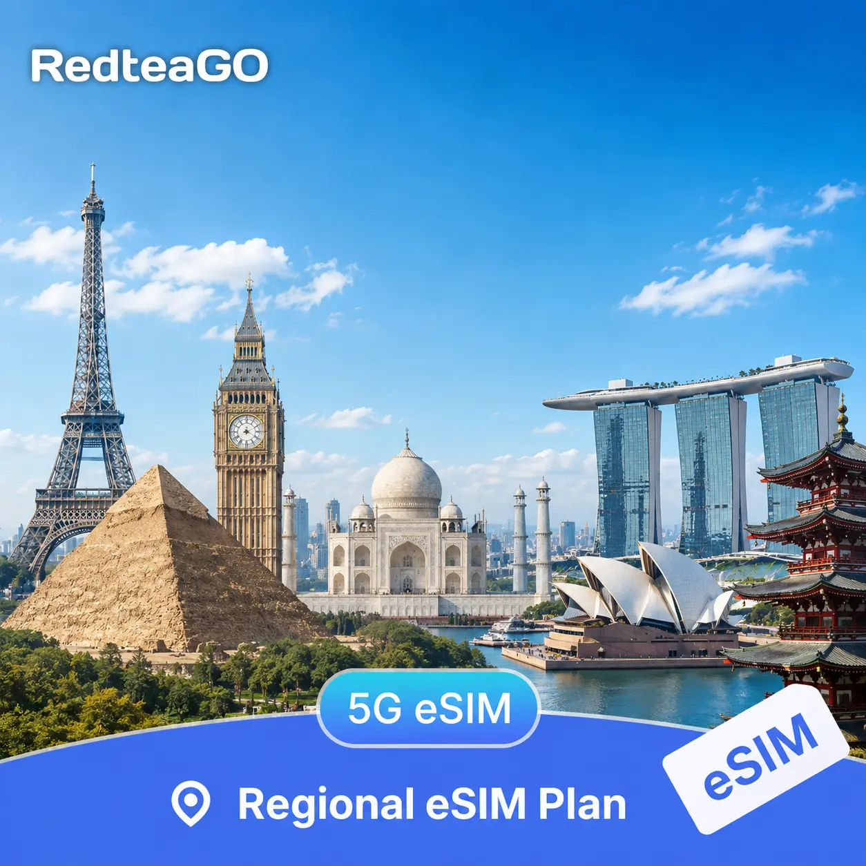 RedteaGO Global Region eSIM Unlimited Data 5G International Travel SIM USA Canada Mexico Europe Japan Korea China Thailand Singapore Instant QR Code