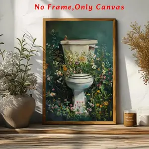 Toilet & Flower Pattern Unframed Painting, 1 Count Vintage Flower Painting, Wall Art for Home Living Room Bedroom Decor, Ornaments, Vintage Floral Art, Canvas Painting