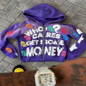 Unisexoversizedzipperhoodie-Whocaresaboutgettingsomemoney?PatternprintwithcolorfulTBletterpatchesY2Kstreetstylehip-hopsportswearmen'sandwomen'slongsleevedcasualjacketautumnandwinterfashionjacketstreetfash