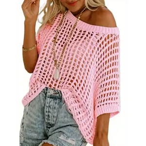 Summer Women Casual Scoop Neck Short Sleeve Sweater Crochet Hollow Out Knit Top Pullover Shirt Cover up Beach Fabric Womenswear