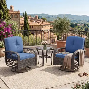 Garvee 3-Piece Wicker Patio Swivel Rocker Chair Set, Outdoor Conversation Furniture with 360° Swivel, Thick Cushions, High Backrest & Tempered Glass Table for Deck, Porch, Backyard