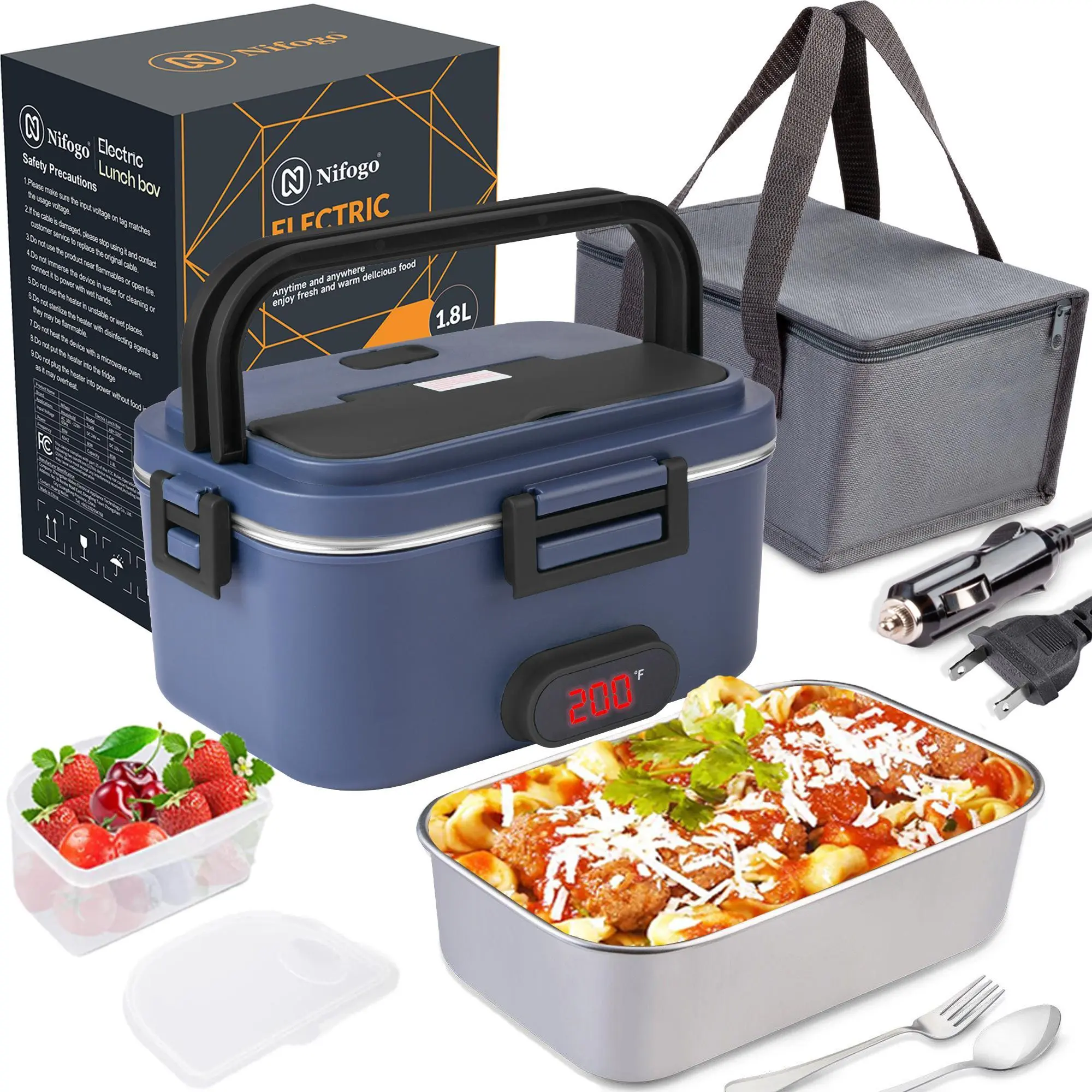 Nifogo Portable Multi-Voltage Electric Insulated Lunch Box - 1.8L (1000-2000ml), 110V/12V/24V Leakproof Heated Bento Container, Includes Tableware, Bag for Carry, for Car/Home Use, Leakproof Lunch Box