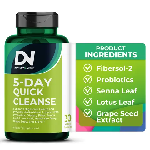 DN 5 Day Quick Cleanse - Gut and Colon Support | Advanced Formula w 500million CFU Probiotics, Fibersol-2, Senna, Non-GMO, 30 capsules, Divinity Nutra