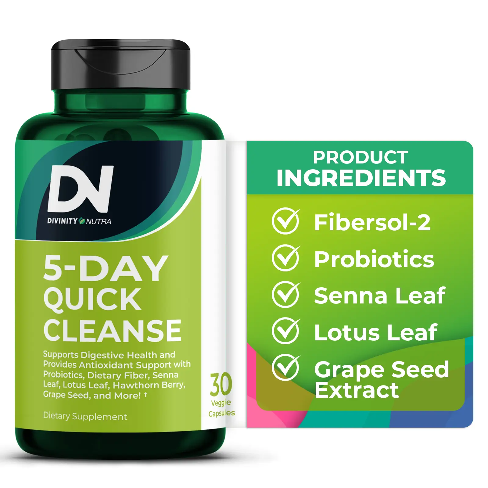 DN 5 Day Quick Cleanse - Gut and Colon Support | Advanced Formula w 500million CFU Probiotics, Fibersol-2, Senna, Non-GMO, 30 capsules, Divinity Nutra