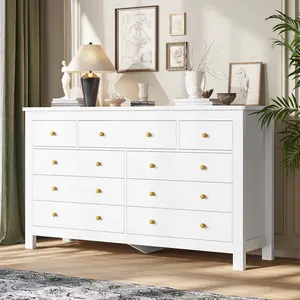 Hasuit 55.1 Inch Dresser with 9 Drawers Modern Long Dressers White Finish Solid Wood Handles Large Capacity Storage Organizer Cabinet for Bedroom & Entryway