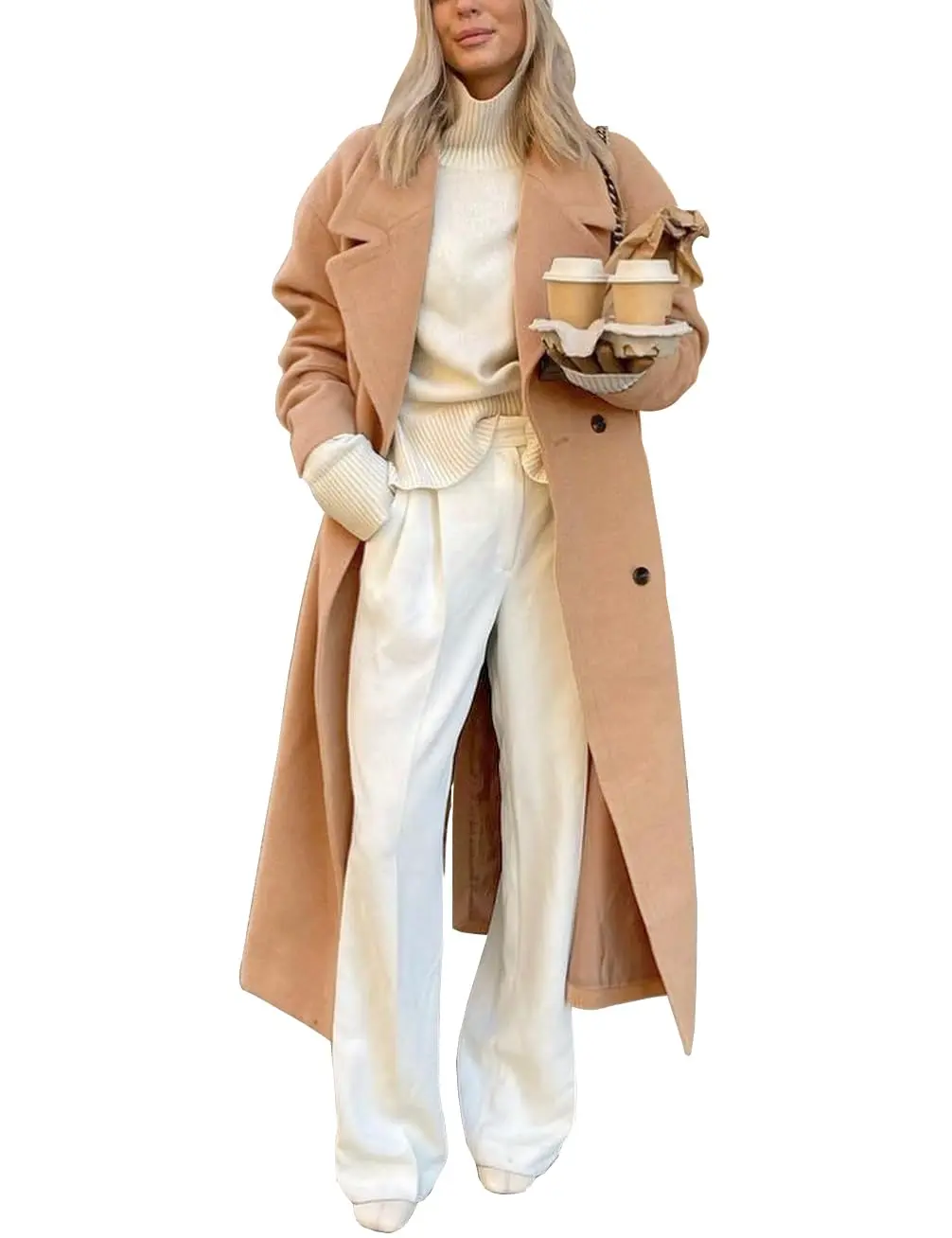 IDEALSANXUN Womens Wool-Blend Long Overcoat Casual Trench Coat - Big Notch Lapel, Double-Breasted, Side Pockets, Back Slit, Below-Knee Length for Fall Winter, Oversized Peacoat Jacket