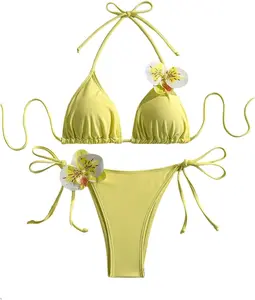 Women's 2 Piece Halter String Triangle Bikini Set 3D Floral High Cut Swimsuit