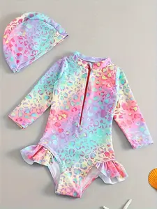 Girls' Gradient Leopard Long Sleeve Swimsuit Set with Swim Cap, Cute Fitted Summer Beachwear, Zipper Hem Design