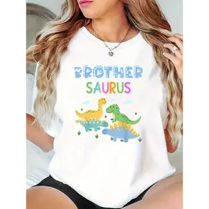 Unisex Kids Brother Saurus Cute Dinosaur Graphic T - Shirt Casual Short Sleeve Tee for Family & Birthday Party 100% Cotton T-shirt
