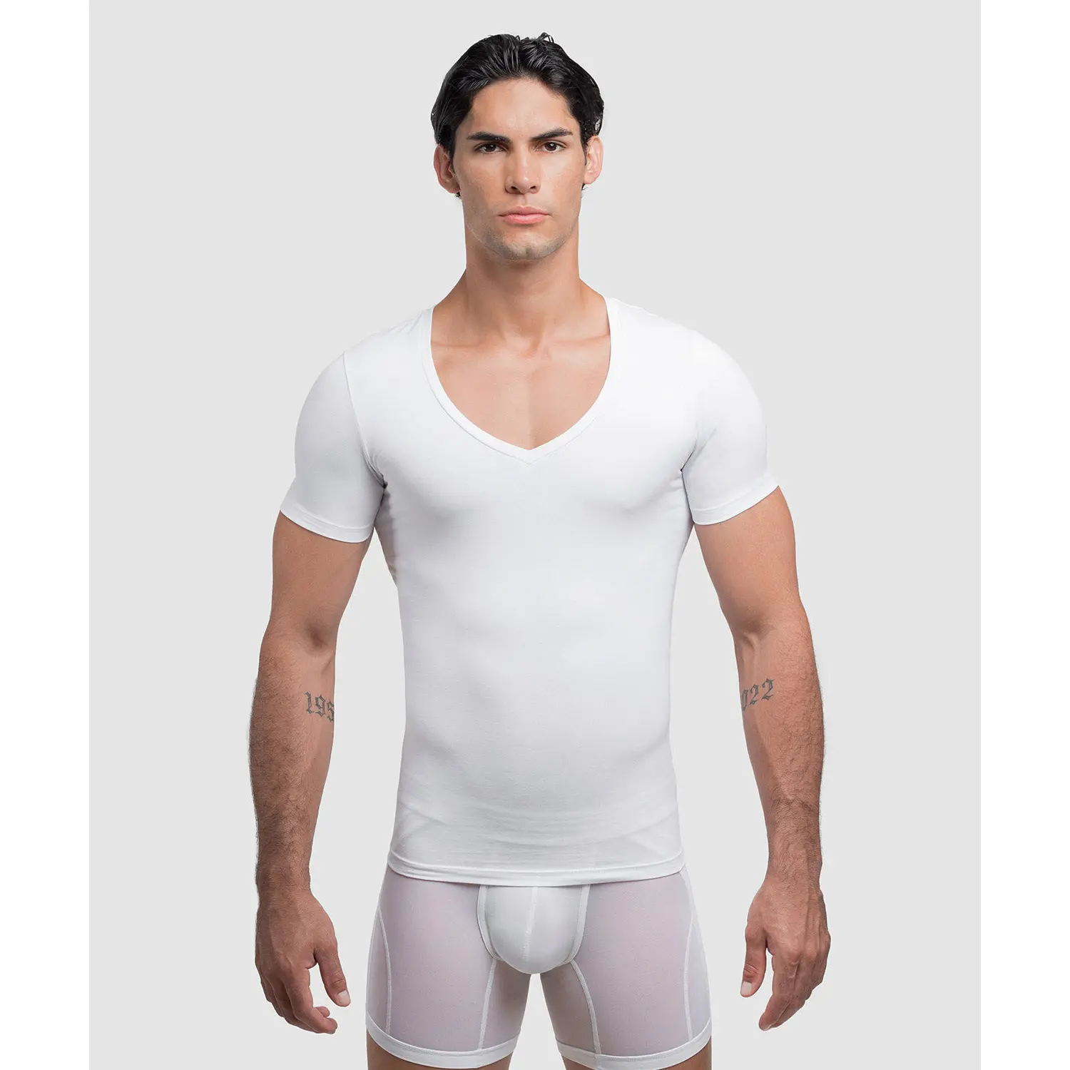 ROUNDERBUM Men's Cotton Compression Deep V-Neck T-Shirt