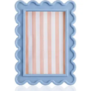 AceOrbit 4x6 Inches Haze Blue Flower Wavy Picture Frame Cute Wavy Edge Wooden Real Glass Photo Frame for Desktop Display Home Decor Family Friends Wedding Graduation Gifts