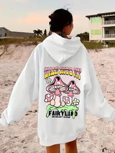 Women's Mushroom & Letter Print Drawstring Pocket Hoodie, Fashion Casual Hooded Sweatshirt for Daily Holiday Outdoor Wear, Women Clothing for Fall & Winter