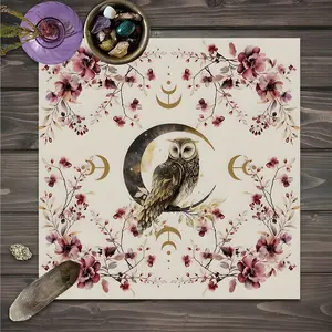 Mystical Floral Moon Owl Design Square Tarot Tablecloth, Boho home decor Altar Cloth Multiple Sizes Polyester Fabric, Easy to Clean and Maintain Decorative Divination Cloth for Spreads & Rituals Gift for family and friends