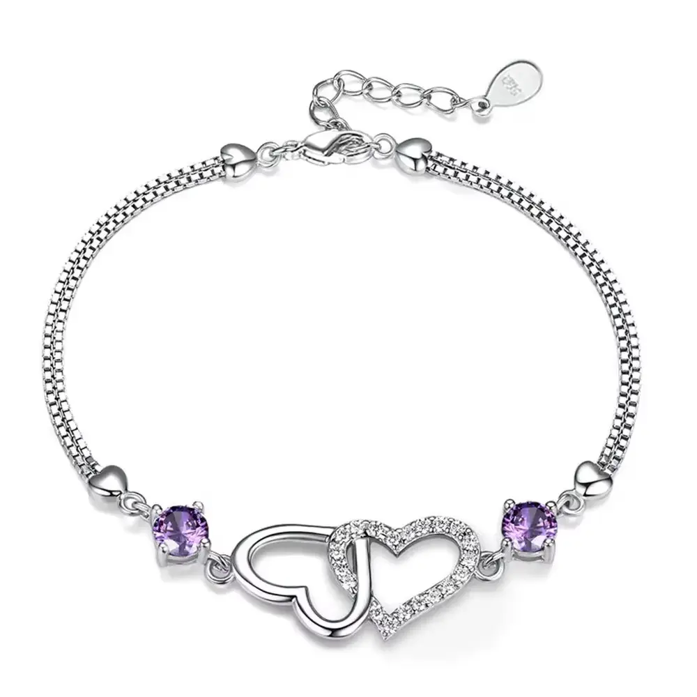 Women's S925 Sterling Silver Bracelet - Amethyst-Inlaid, Zircon-Embellished Heart-Shaped Evening Luxury Fashion Jewelry