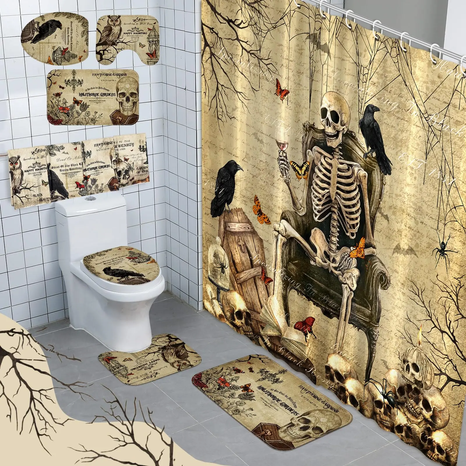 Vintage Halloween Bathroom Decor Halloween Shower Curtain with Hooks & Non Slip Rugs & Toilet Lid Cover Skeleton Pumpkin Witch Ghost Halloween Home Decor Spooky Season Fall Decor Halloween Decorations Halloween Party Halloween Finds