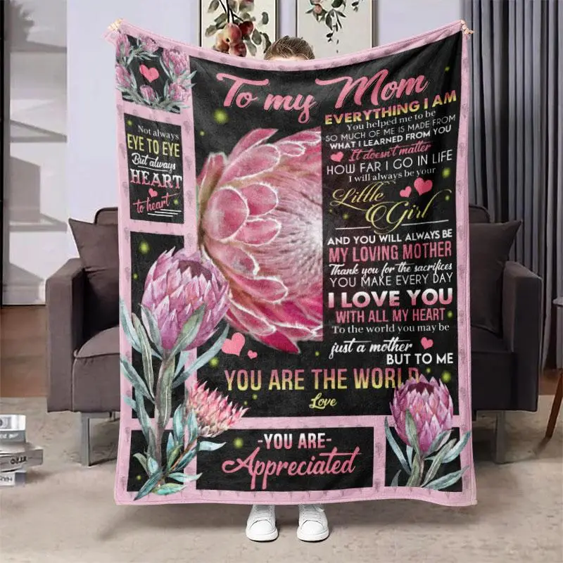 Modern Floral & Letter Print Soft Flannel Blanket, Square Throw, Casual Graphic Durable Blanket, All Season Blanket, Breathable Comfortable Blanket, C