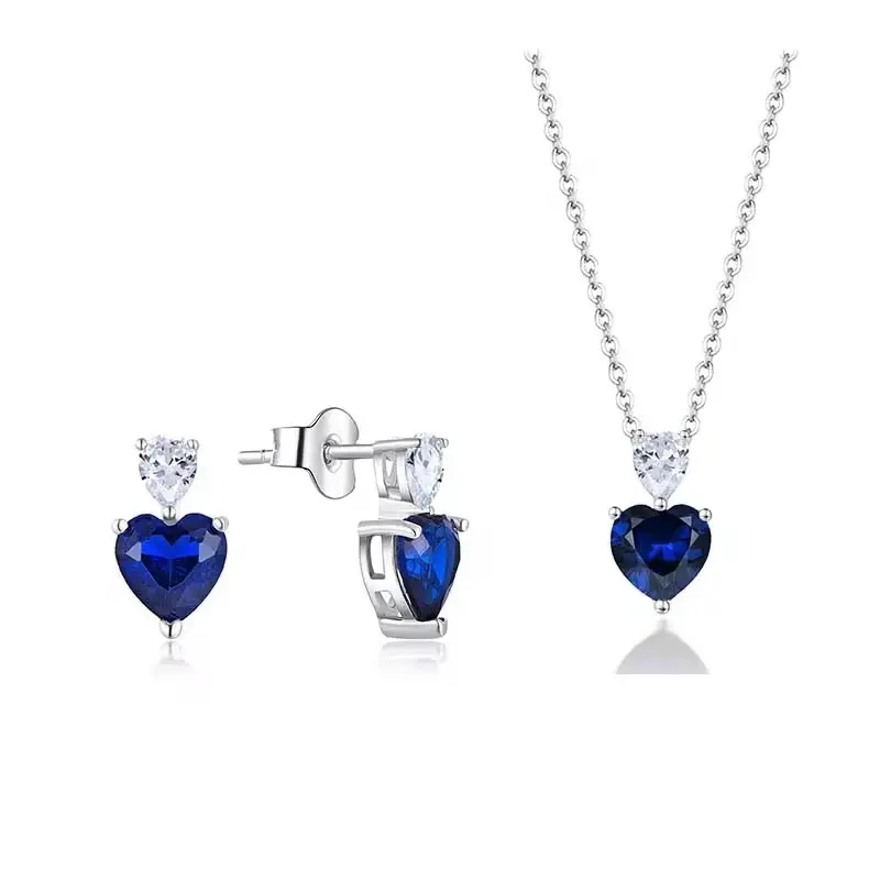 925 Sterling Silver Blue Heart Necklace and Earrings Set for Women/Girls with Heart Pendant and Chain Design
