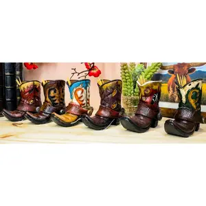 Western Tooled Leather Finish Mini Cowboy Boots With Spurs Figurine Set Of 6
