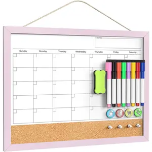 Dry Erase Calendar Cork Board Combo, 17"x13" Calendar Whiteboard for Wall,  White Board Monthly Calendar with Pink  Framed, Dry Erase Board for Planner Office Kitchen Home Memo