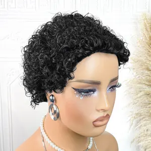 Women's Natural Black Human Hair Wig with Bangs Layered Short Loose Curly Pixie Cut Full Machine Made 180 Density Rose Net