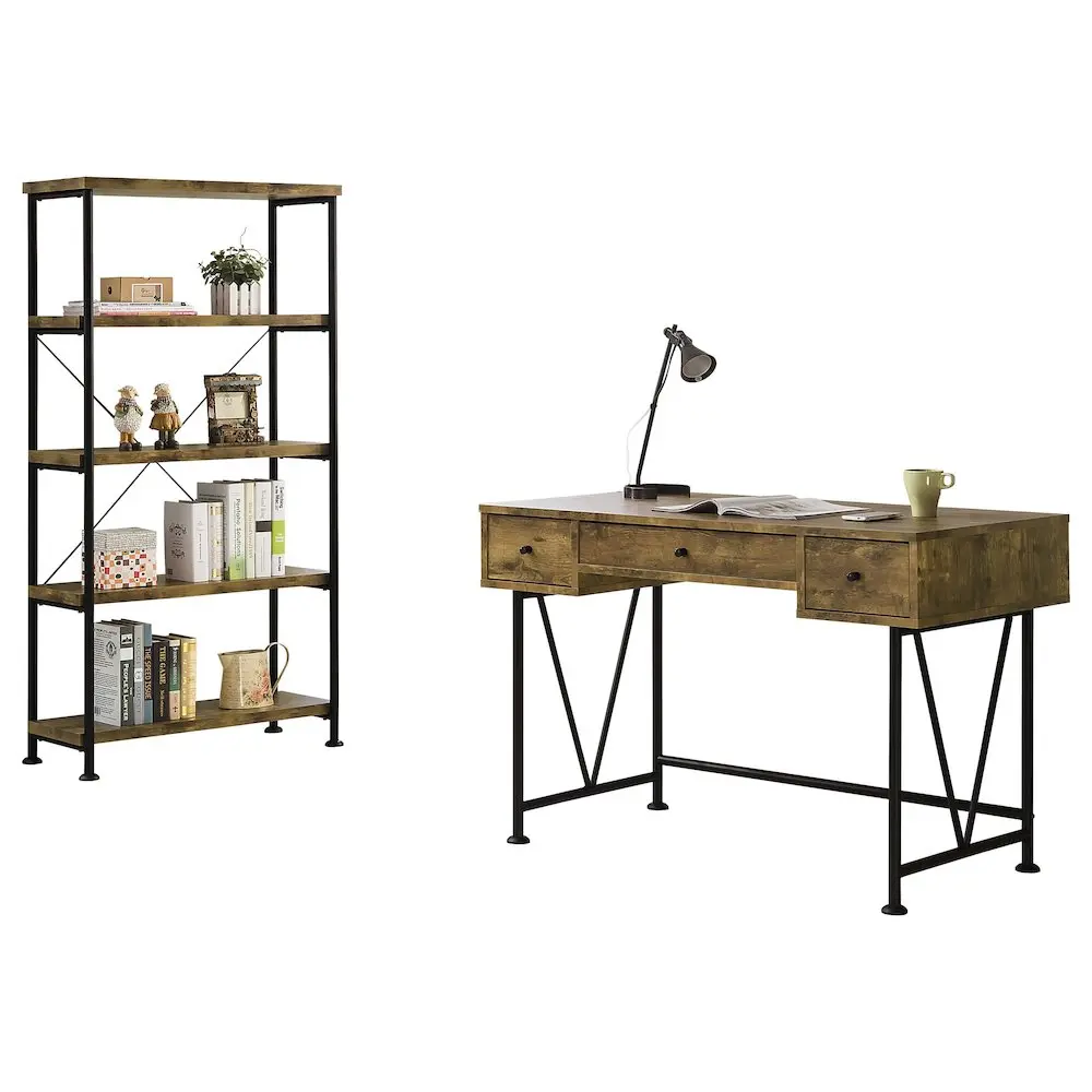 Analiese 2-Piece Office Furniture Set - Rustic Nutmeg 3-Drawer Desk, Antique Nutmeg Finish 4-Shelf Bookcase with Industrial Look, Three-Drawer Desk